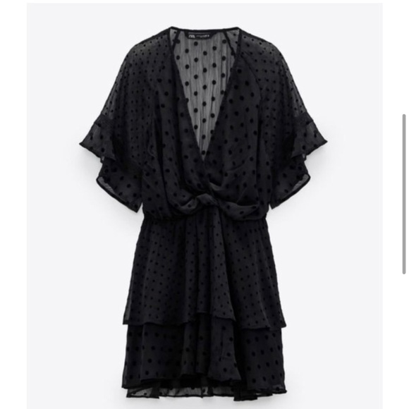 ZARA Black Polka Dot Deep V Neck Mini Dress - Picture 4 of 9